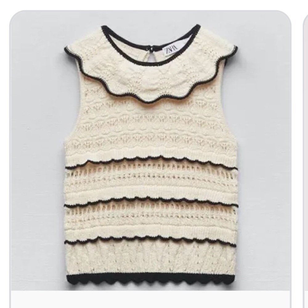 Cream Knit Sleeveless Top with Black Scallop Trim